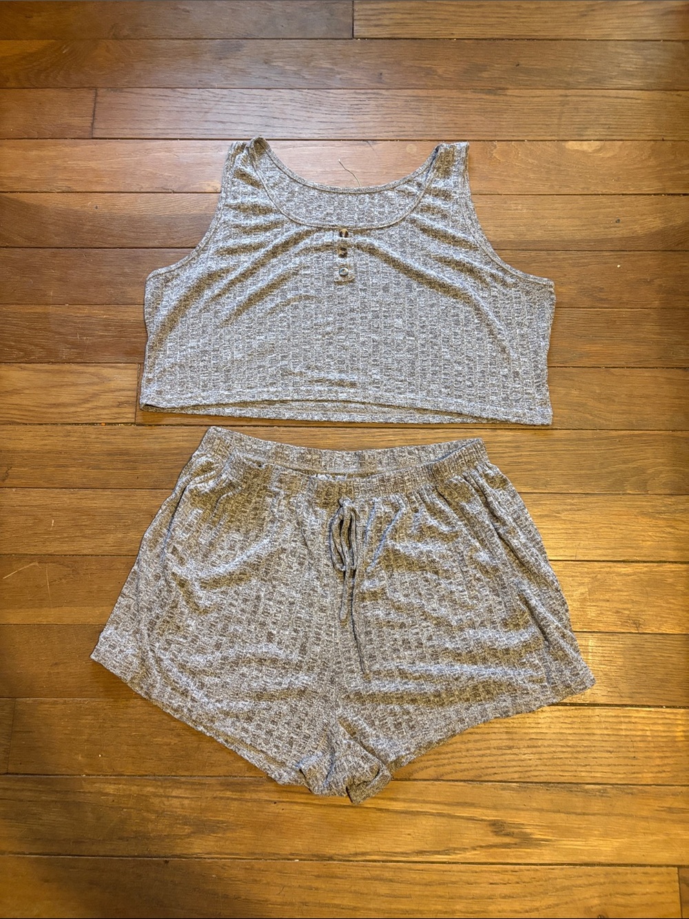 Soft Knit Tank & Shorts Sleep Set in Grey/ Beige